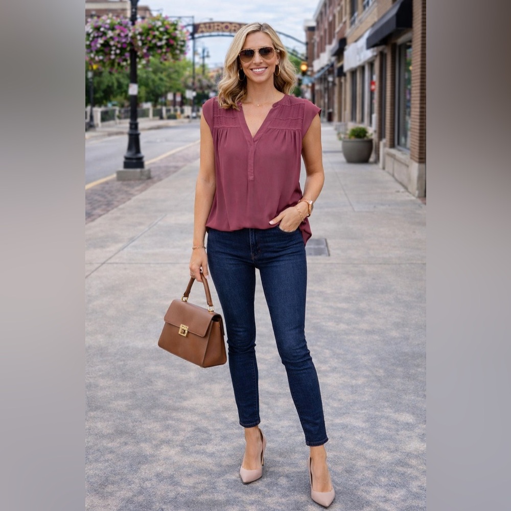 DR2 Maroon Blouse – Split V-Neck with Cap Sleeves